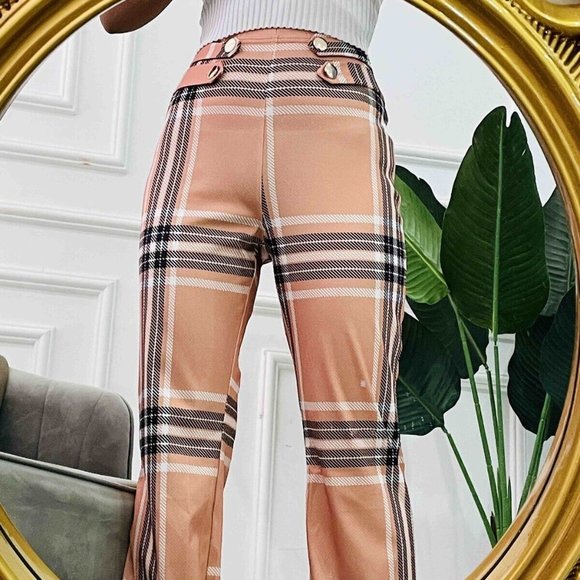 Women Dress Pants Small Brown Striped Print High Waist Leg Straigth Stretch Soft - Picture 8 of 16